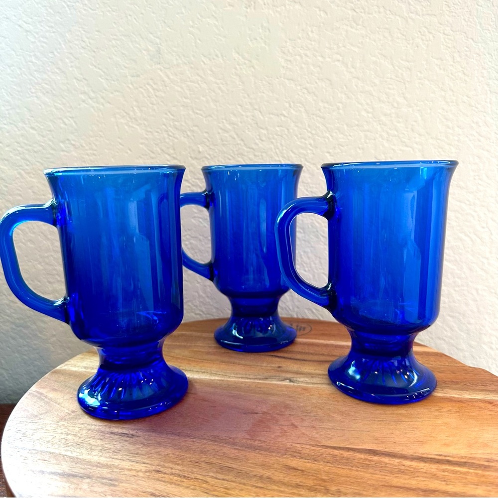 Vintage Anchor Hocking Cobalt Blue Glass Footed Coffee Mug, mid century Set of 3